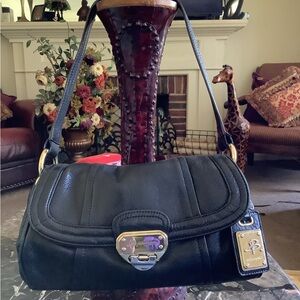 B. Makowsky Black Leather Shoulder Bag Gold and Silver Metal Purple Interior